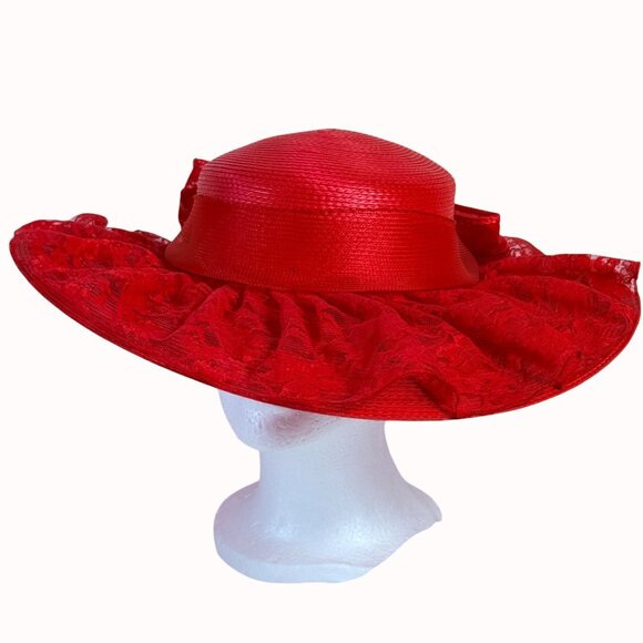 Vintage Wide Brimmed Derby Hat Red Flat Top Lace Bow Dramatic Silhouette - Picture 2 of 14